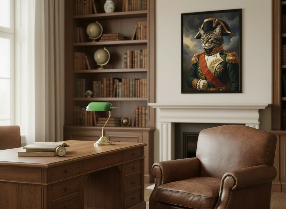 Portrait de chat accroché dans un bureau