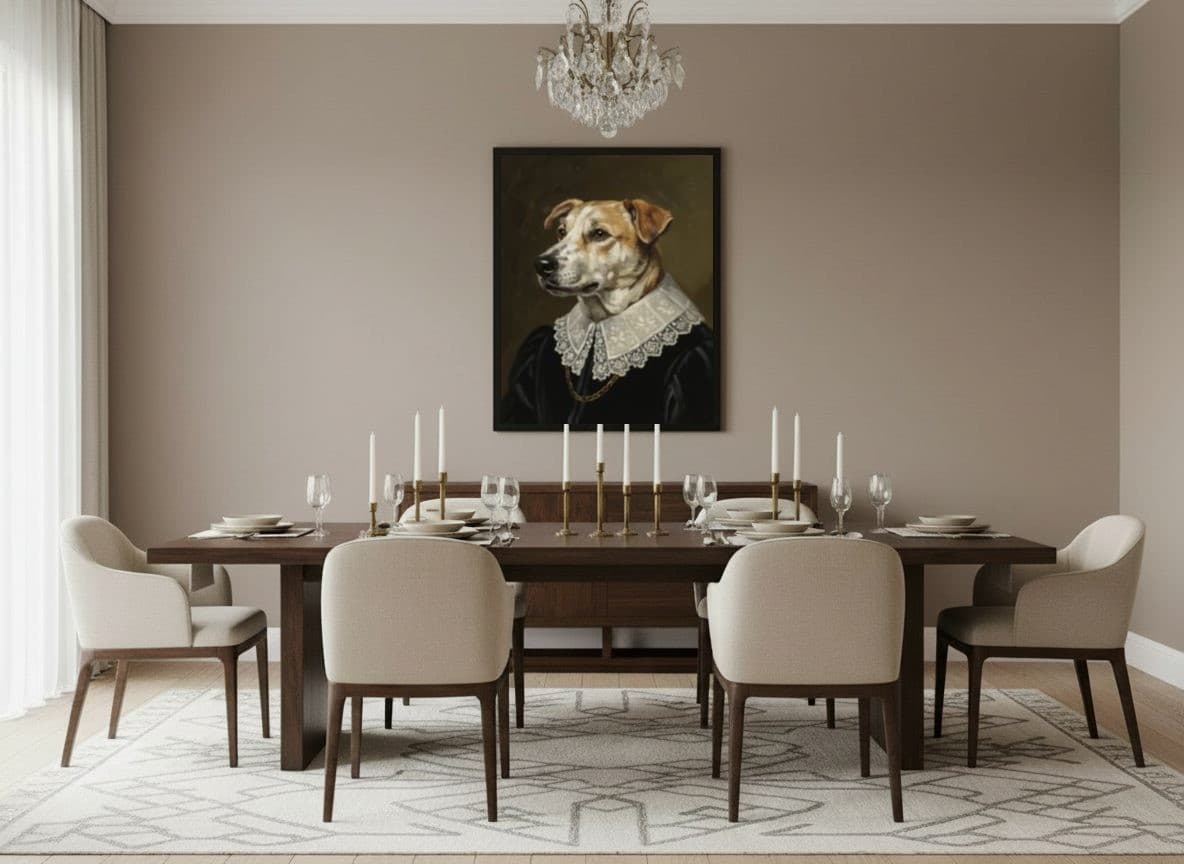 Portrait de chien dans une salle à manger